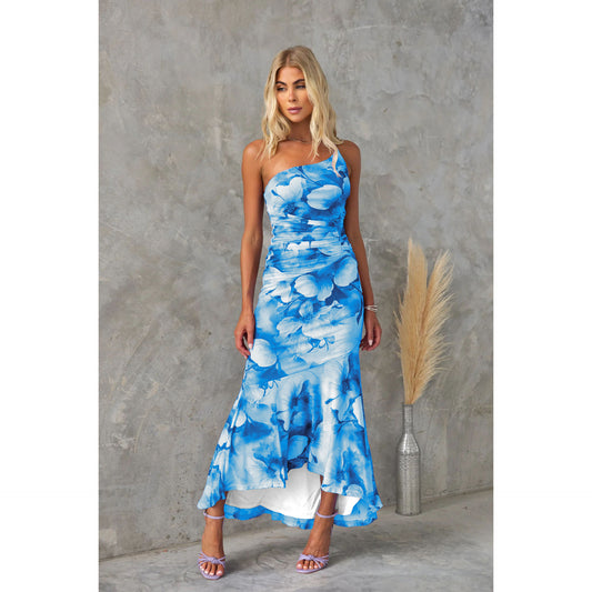 European And American Oblique Shoulder Printing Elastic Lining Dress INS Casual