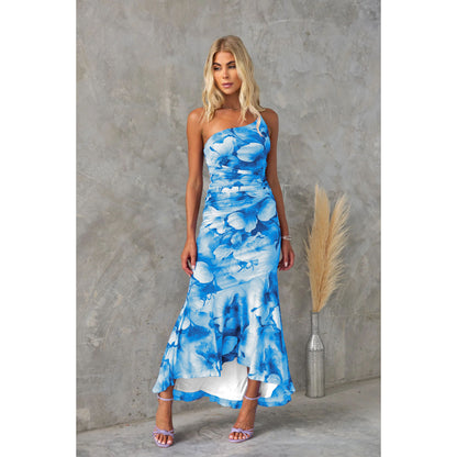 European And American Oblique Shoulder Printing Elastic Lining Dress INS Casual