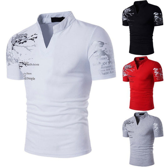 Letter Printing Casual T-shirt Thin Hedging V-neck T-shirt Slim Men's