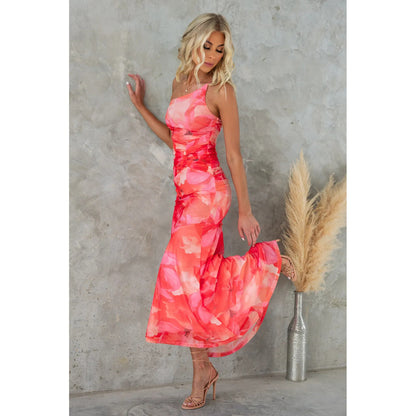 European And American Oblique Shoulder Printing Elastic Lining Dress INS Casual