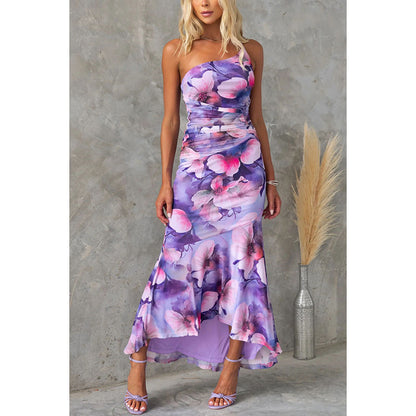 European And American Oblique Shoulder Printing Elastic Lining Dress INS Casual